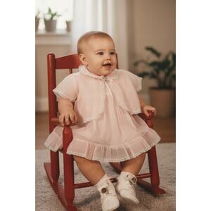 Vintage Marshall Field Silk Cape Baby Outfit 6-12M-Pink Cream Dress-Heirloom